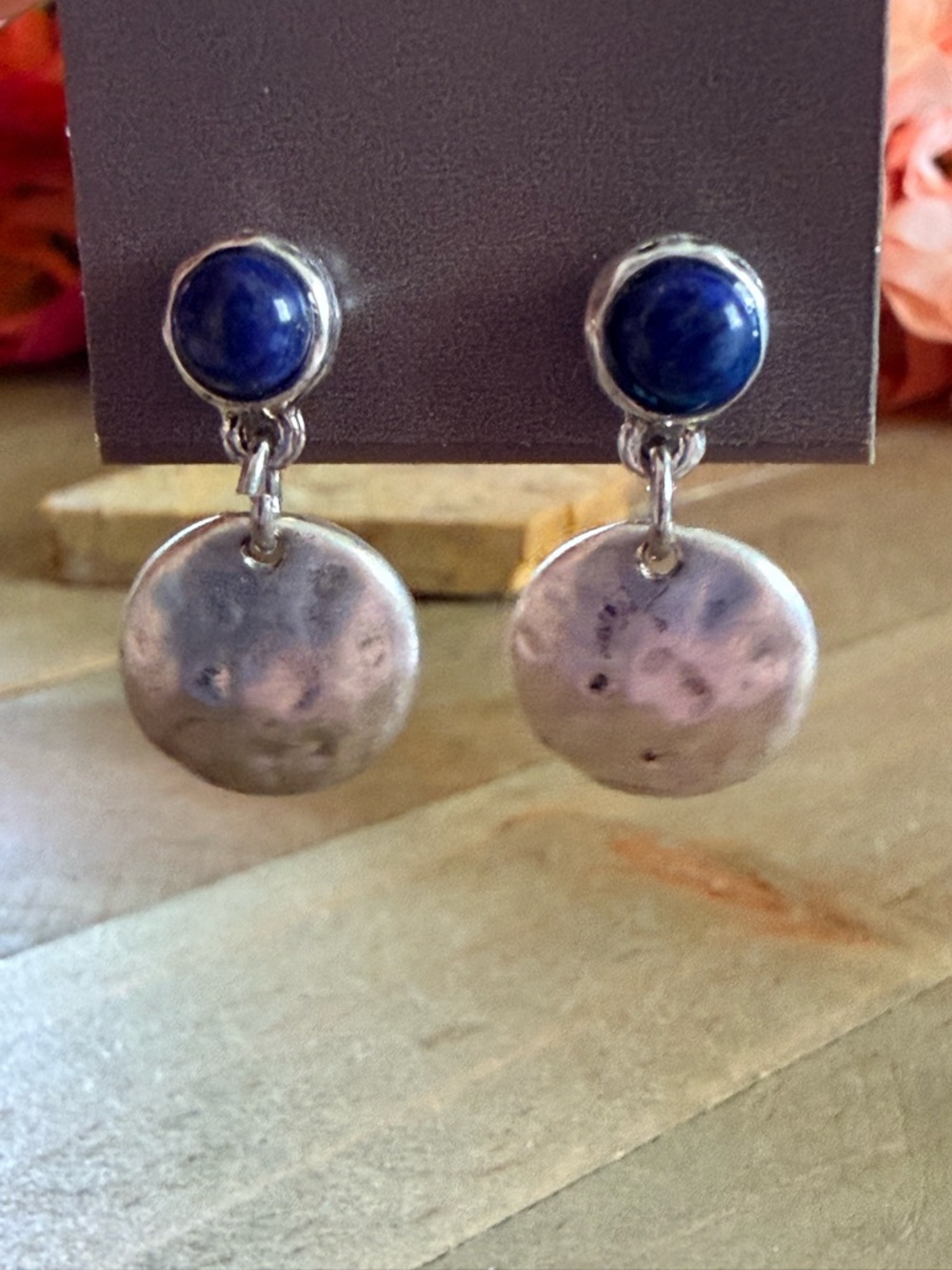 J.Jill Blue Stone Drop Earrings Silver Hammered Disc Dangle Boho Chic - Picture 3 of 5